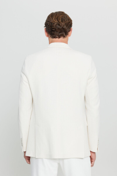 Erkek Ekru 360 Her Yöne Esneyen Pamuklu Esnek Slim Fit Dar Kesim Mono Yaka Armürlü Blazer Ceket - Ekru - 8