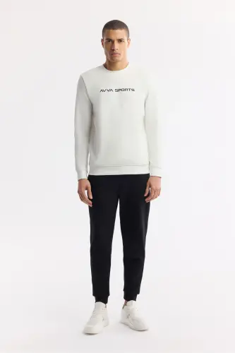Erkek Ekru Bisiklet Yaka Baskılı Bi-Stretch İnterlok Regular Fit Sweatshirt A51Y1208 - Ekru - 5