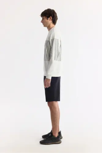 Erkek Ekru Bisiklet Yaka Baskılı Bi-Stretch İnterlok Regular Fit Sweatshirt A51Y1227 - Ekru - 3