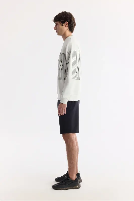 Erkek Ekru Bisiklet Yaka Baskılı Bi-Stretch İnterlok Regular Fit Sweatshirt A51Y1227 - Ekru - 3