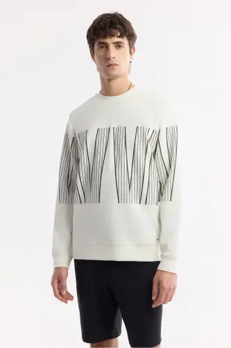 Erkek Ekru Bisiklet Yaka Baskılı Bi-Stretch İnterlok Regular Fit Sweatshirt A51Y1227 - Ekru - 6