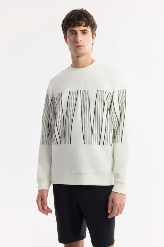 Erkek Ekru Bisiklet Yaka Baskılı Bi-Stretch İnterlok Regular Fit Sweatshirt A51Y1227 - Ekru - 6