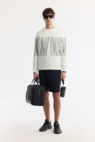 Erkek Ekru Bisiklet Yaka Baskılı Bi-Stretch İnterlok Regular Fit Sweatshirt A51Y1227 - Ekru - 7