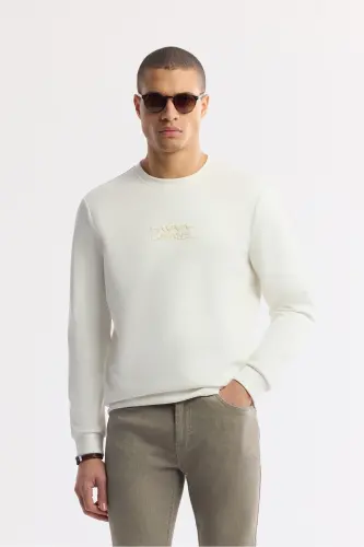 Erkek Ekru Bisiklet Yaka Baskılı Bi-Stretch İnterlok Regular Fit Sweatshirt A51Y1204 - Ekru - 1