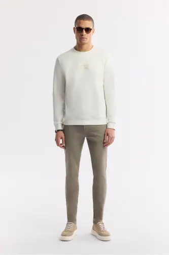 Erkek Ekru Bisiklet Yaka Baskılı Bi-Stretch İnterlok Regular Fit Sweatshirt A51Y1204 - Ekru - 5