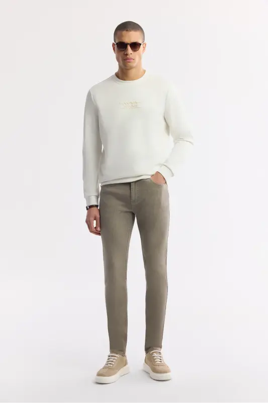 Erkek Ekru Bisiklet Yaka Baskılı Bi-Stretch İnterlok Regular Fit Sweatshirt A51Y1204 - Ekru - 6