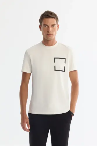 Erkek Ekru Bisiklet Yaka Baskılı Elastan Regular Fit T-Shirt A42Y1020-Ekru - 1