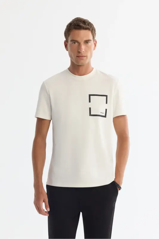 Erkek Ekru Bisiklet Yaka Baskılı Elastan Regular Fit T-Shirt A42Y1020-Ekru - 1