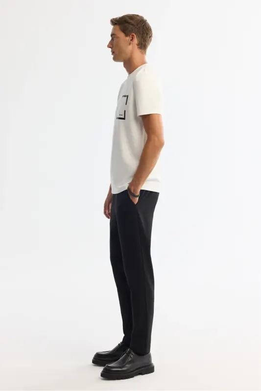 Erkek Ekru Bisiklet Yaka Baskılı Elastan Regular Fit T-Shirt A42Y1020-Ekru - 3