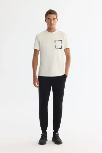 Erkek Ekru Bisiklet Yaka Baskılı Elastan Regular Fit T-Shirt A42Y1020-Ekru - 5