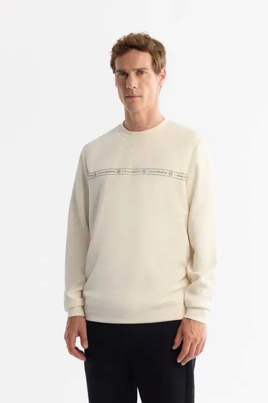 Erkek Ekru Bisiklet Yaka Baskılı Soft Touch Regular Fit Sweatshirt A42Y1307 - Ekru - 1