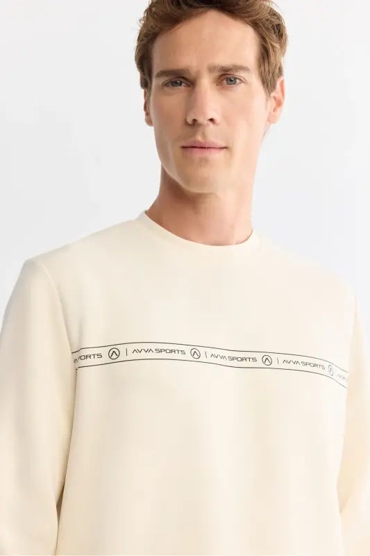 Erkek Ekru Bisiklet Yaka Baskılı Soft Touch Regular Fit Sweatshirt A42Y1307 - Ekru - 2