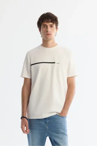 Erkek Ekru Bisiklet Yaka Elastan İnterlok Regular Fit T-Shirt A42Y1003-Ekru - 1