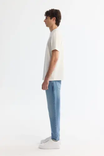 Erkek Ekru Bisiklet Yaka Elastan İnterlok Regular Fit T-Shirt A42Y1003-Ekru - 3