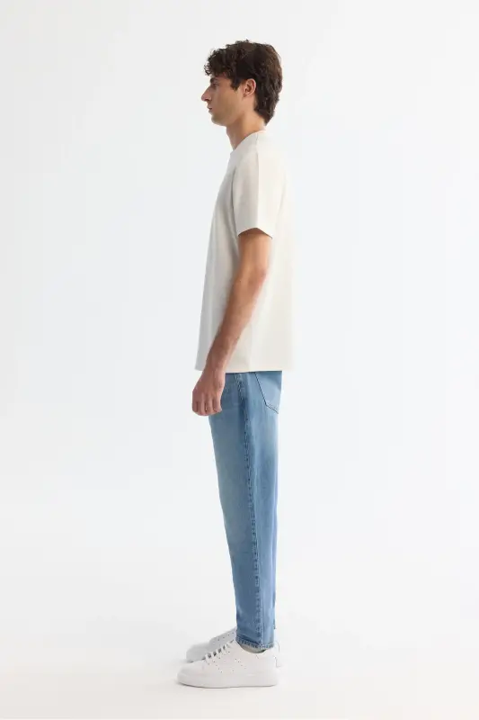 Erkek Ekru Bisiklet Yaka Elastan İnterlok Regular Fit T-Shirt A42Y1003-Ekru - 3