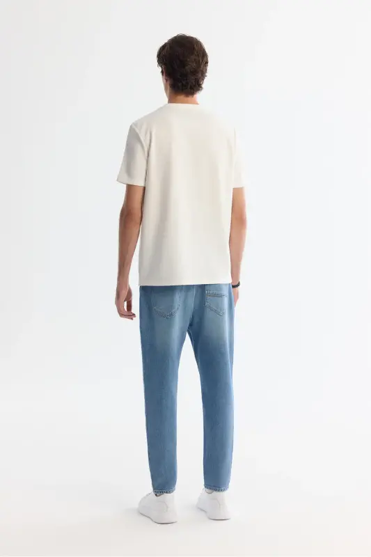 Erkek Ekru Bisiklet Yaka Elastan İnterlok Regular Fit T-Shirt A42Y1003-Ekru - 4