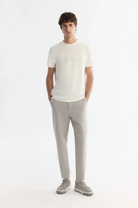 Erkek Ekru Bisiklet Yaka Gofreli Elastan Regular Fit T-Shirt A42Y1004-Ekru - 5