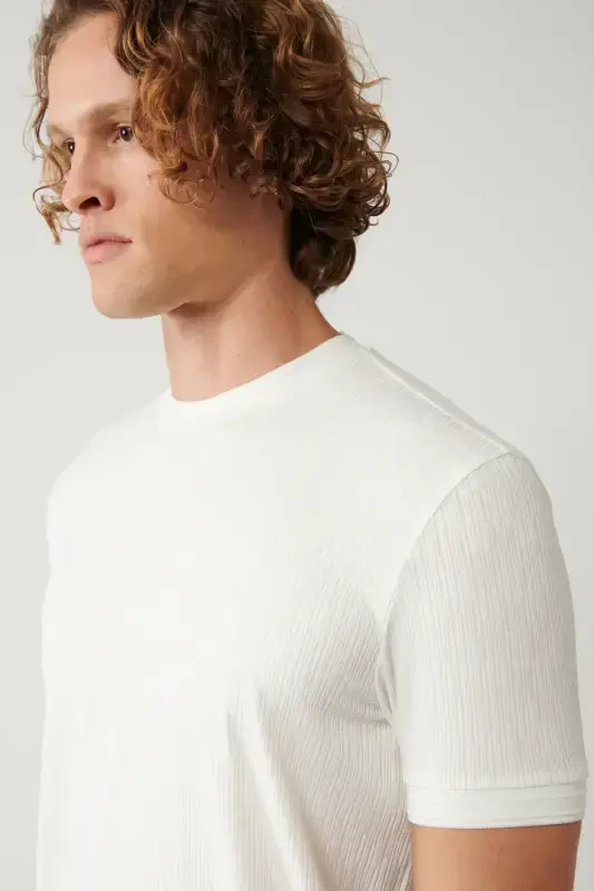 Erkek Ekru Bisiklet Yaka Jakarlı Regular Fit T-Shirt A41Y1053 - 2