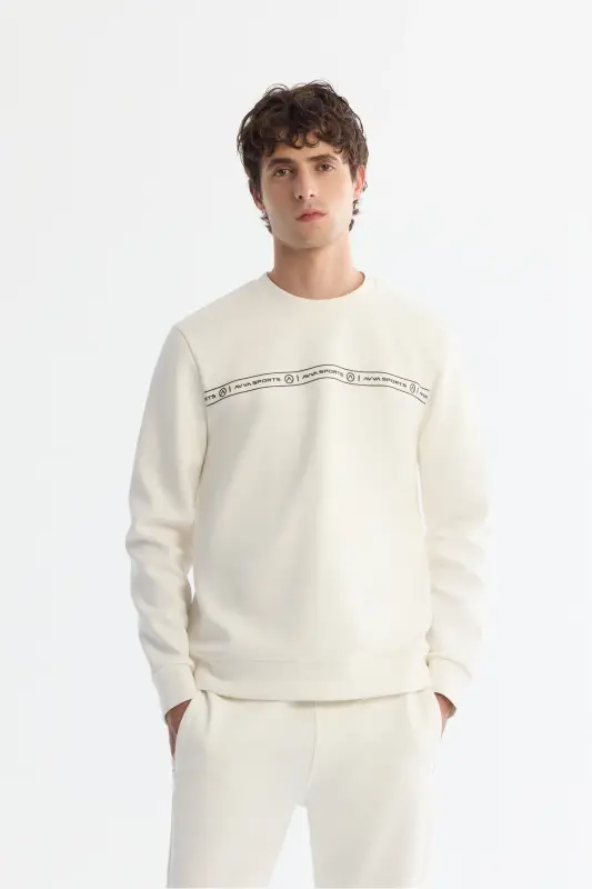 Erkek Ekru Bisiklet Yaka Pamuklu Baskılı Elastan Regular Fit Sweatshirt A42Y1308 - Ekru - AVVA