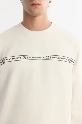 Erkek Ekru Bisiklet Yaka Pamuklu Baskılı Elastan Regular Fit Sweatshirt A42Y1308 - Ekru - AVVA (1)