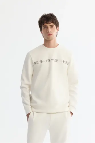 Erkek Ekru Bisiklet Yaka Pamuklu Baskılı Elastan Regular Fit Sweatshirt A42Y1308 - Ekru 