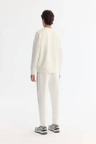 Erkek Ekru Bisiklet Yaka Pamuklu Baskılı Elastan Regular Fit Sweatshirt A42Y1308 - Ekru - 4