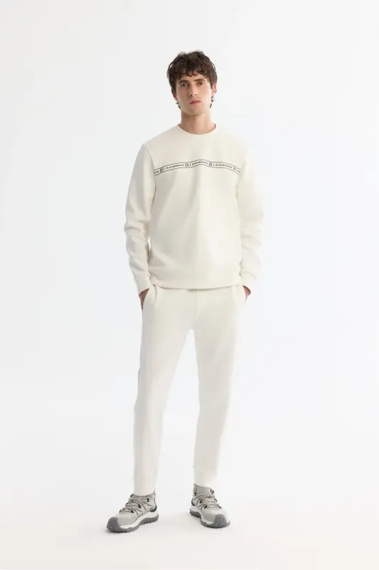 Erkek Ekru Bisiklet Yaka Pamuklu Baskılı Elastan Regular Fit Sweatshirt A42Y1308 - Ekru - 5