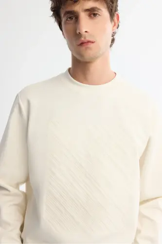 Erkek Ekru Bisiklet Yaka Pamuklu Baskılı Elastan Regular Fit Sweatshirt A42Y1243 - Ekru - 3