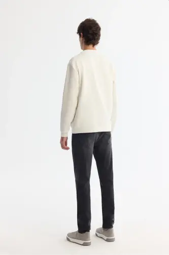 Erkek Ekru Bisiklet Yaka Pamuklu Baskılı Elastan Regular Fit Sweatshirt A42Y1243 - Ekru - 5