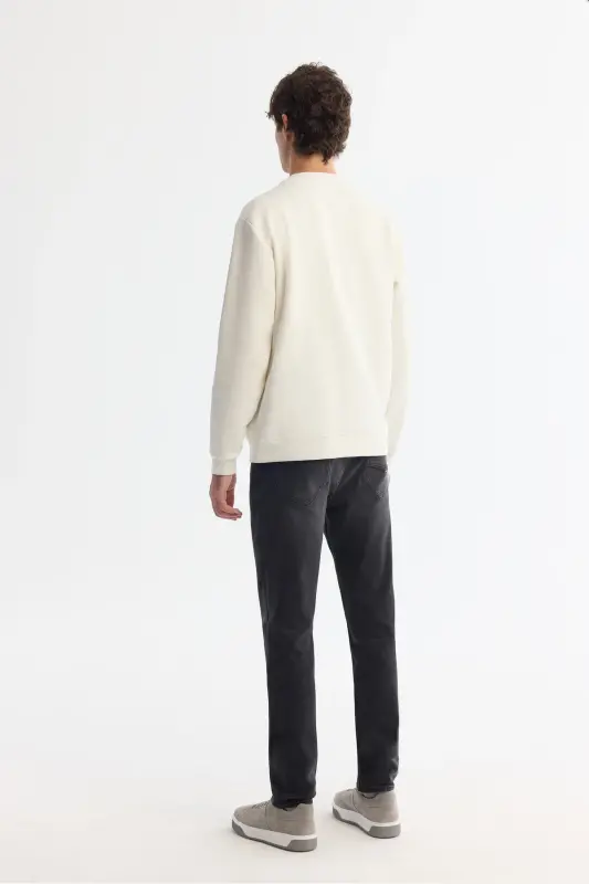 Erkek Ekru Bisiklet Yaka Pamuklu Baskılı Elastan Regular Fit Sweatshirt A42Y1243 - Ekru - 5