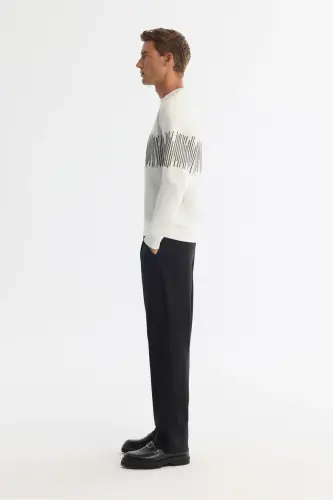 Erkek Ekru Bisiklet Yaka Pamuklu Çizgili Sweatshirt B001203 - Ekru - 3