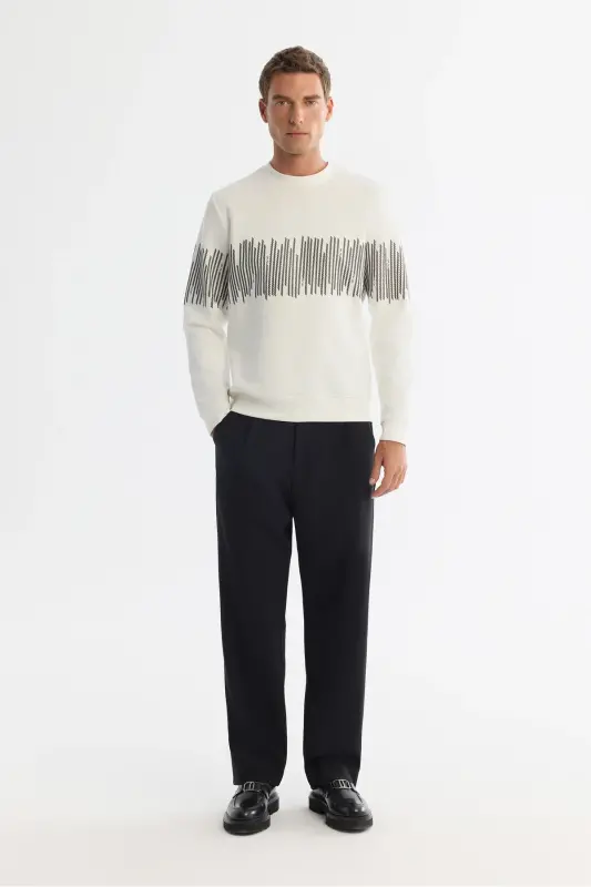 Erkek Ekru Bisiklet Yaka Pamuklu Çizgili Sweatshirt B001203 - Ekru - 5