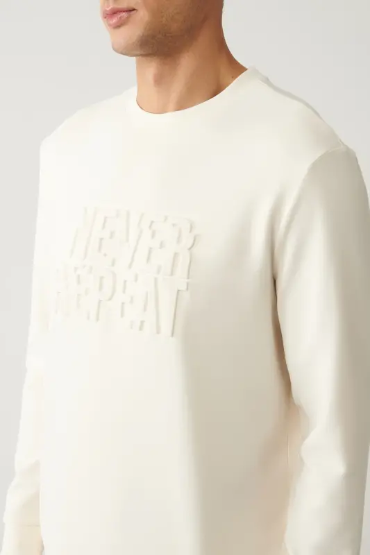 Erkek Ekru Bisiklet Yaka Soft Touch Gofreli Regular Fit Sweatshirt A41Y1235 - Ekru - 2