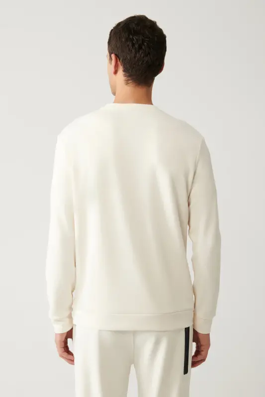 Erkek Ekru Bisiklet Yaka Soft Touch Gofreli Regular Fit Sweatshirt A41Y1235 - Ekru - 4
