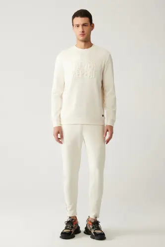 Erkek Ekru Bisiklet Yaka Soft Touch Gofreli Regular Fit Sweatshirt A41Y1235 - Ekru - 6