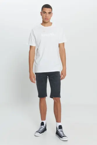 Erkek Ekru Loose Fit Bol Kesim %100 Pamuk Yumuşak Dokulu Baskılı Bisiklet Yaka Tişört - Ekru - 3