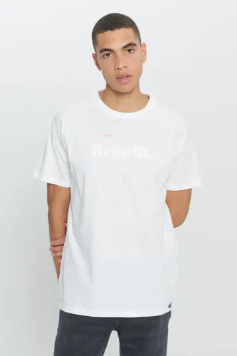 Erkek Ekru Loose Fit Bol Kesim %100 Pamuk Yumuşak Dokulu Baskılı Bisiklet Yaka Tişört - Ekru - 4