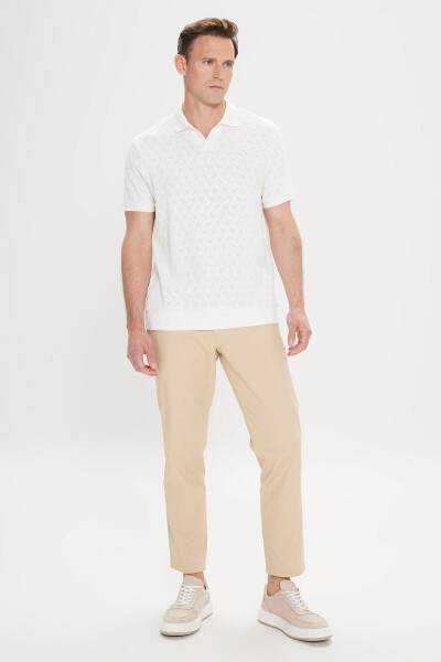 Erkek Ekru Comfort Fit Rahat Kesim Pamuklu Baklava Desenli Polo Yaka Tişört - 2