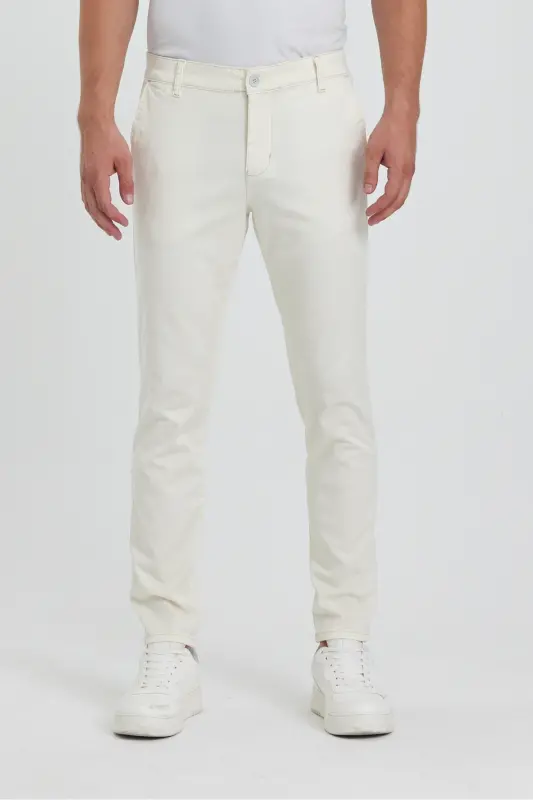 Erkek Ekru Gabardin Pamuklu Slim Fit Yan Cep Esnek Chino Pantolon-Ekru - THESEASON