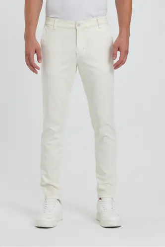 Erkek Ekru Gabardin Pamuklu Slim Fit Yan Cep Esnek Chino Pantolon-Ekru - 1