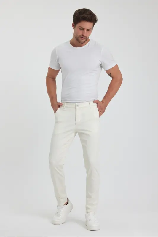Erkek Ekru Gabardin Pamuklu Slim Fit Yan Cep Esnek Chino Pantolon-Ekru - 3