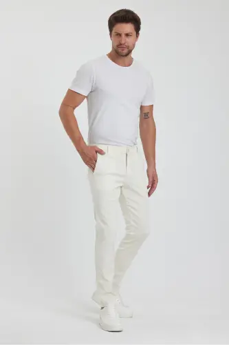 Erkek Ekru Gabardin Pamuklu Slim Fit Yan Cep Esnek Chino Pantolon-Ekru - 4