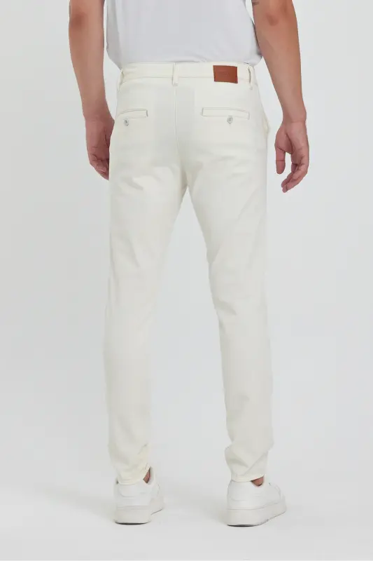 Erkek Ekru Gabardin Pamuklu Slim Fit Yan Cep Esnek Chino Pantolon-Ekru - 5