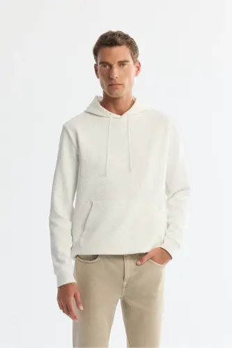 Erkek Ekru Kapüşonlu Baskılı Elastan Regular Fit Sweatshirt A42Y1332 - Ekru 