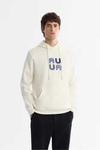 Erkek Ekru Kapüşonlu Pamuklu Baskılı Elastan Regular Fit Sweatshirt A42Y1324 - Ekru - 1