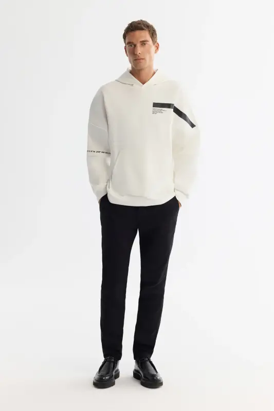 Erkek Ekru Kapüşonlu Pamuklu Baskılı Elastan Oversize Fit Sweatshirt A42Y1289 - Ekru - 6