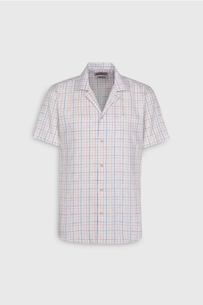 Erkek Ekru-Mavi Slim Fit Dar Kesim %100 Pamuk Kuba Yaka Çizgili Gömlek - ALTINYILDIZ CLASSICS