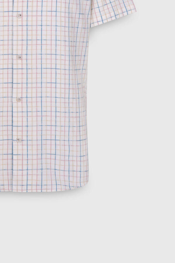 Erkek Ekru-Mavi Slim Fit Dar Kesim %100 Pamuk Kuba Yaka Çizgili Gömlek - 2