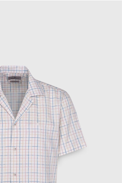 Erkek Ekru-Mavi Slim Fit Dar Kesim %100 Pamuk Kuba Yaka Çizgili Gömlek - 3