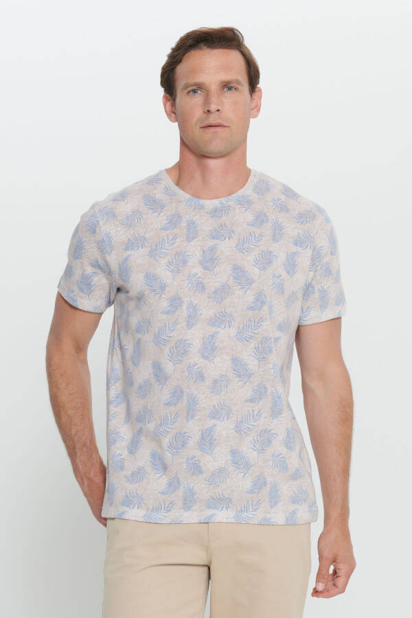 Erkek Ekru Melanj Slim Fit Dar Kesim Bisiklet Yaka Baskılı Tişört - Ekru Melanj - 1